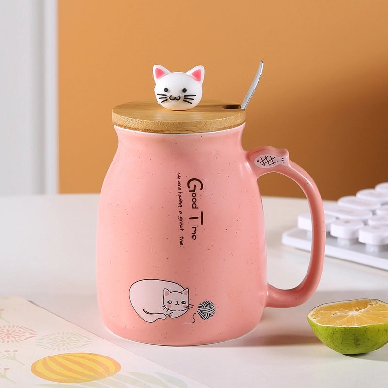 Cute Cartoon Couple Cat Ceramic Mug with Lid and Spoon | Drinkware & Mugs