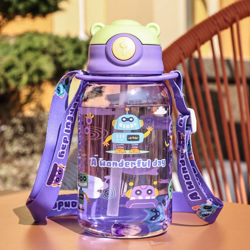 Cartoon Bear Kids Water Bottle with Straw Suction Nozzle Plastic Cup for Primary Students|Kids Drinkware