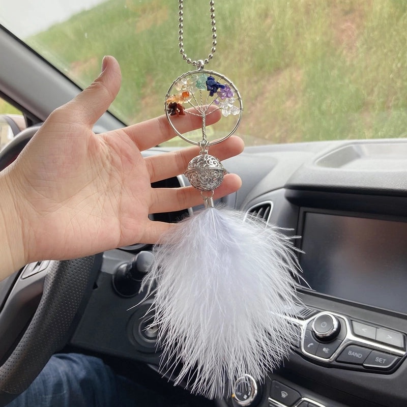 Lucky Pachira Macrocarpa Tree Car Hanging Ornament with Palace Bell and Feather Dreamcatcher|Car Accessories