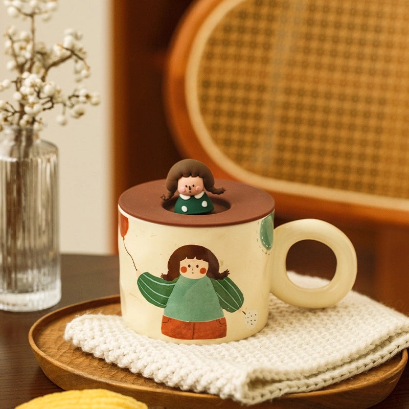 Vintage Ceramic Cartoon Dinner Plate Cute Girls Small Rice Bowl and Mug with Lid|Kitchen & Dining
