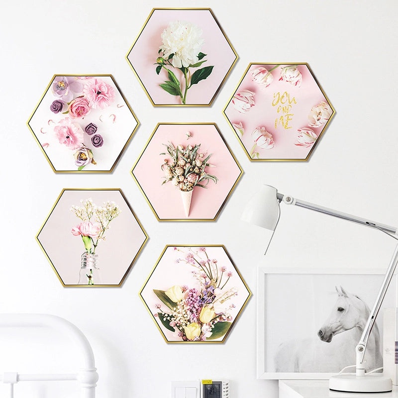 Pink Floral Hexagon Photo Frame Wall Decal|Home Decor