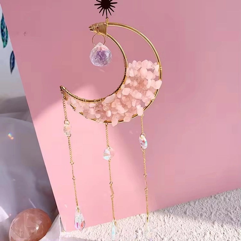Geometric Moon Crystal Suncatcher with Water Droplets Minimalist Wind Chime Wall Hanging|Home Decor & Wind Chimes