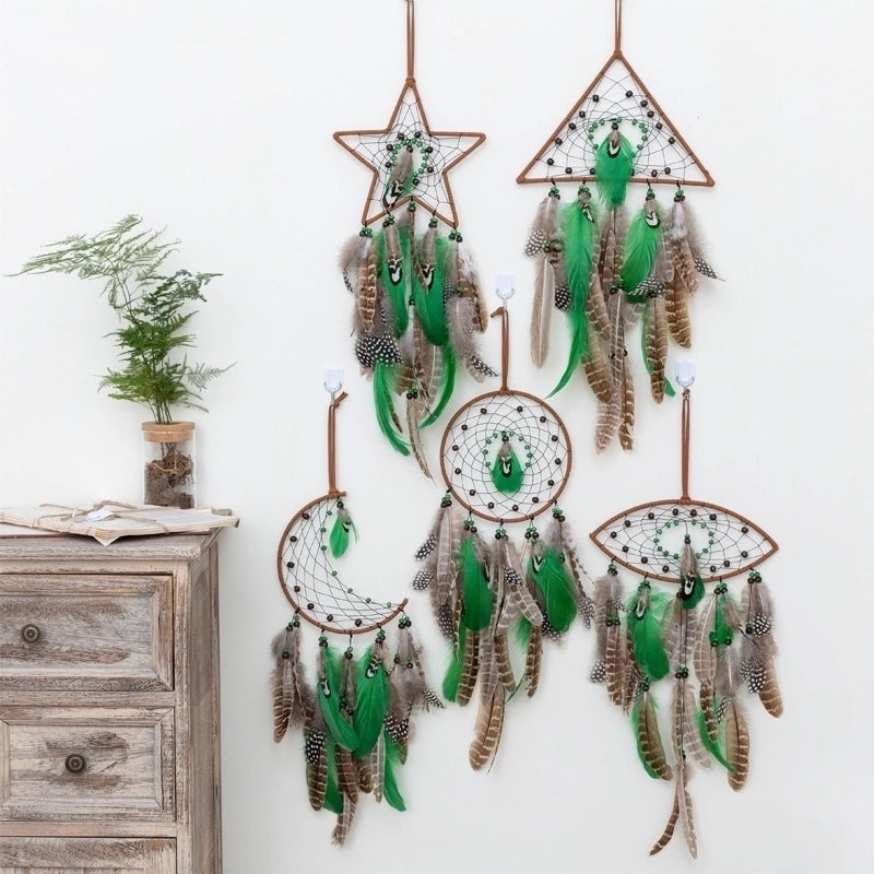 Star Moon Feather Leather Rope Wind Chime Wall Hanging Decorative Art|Home Decor Wall Art