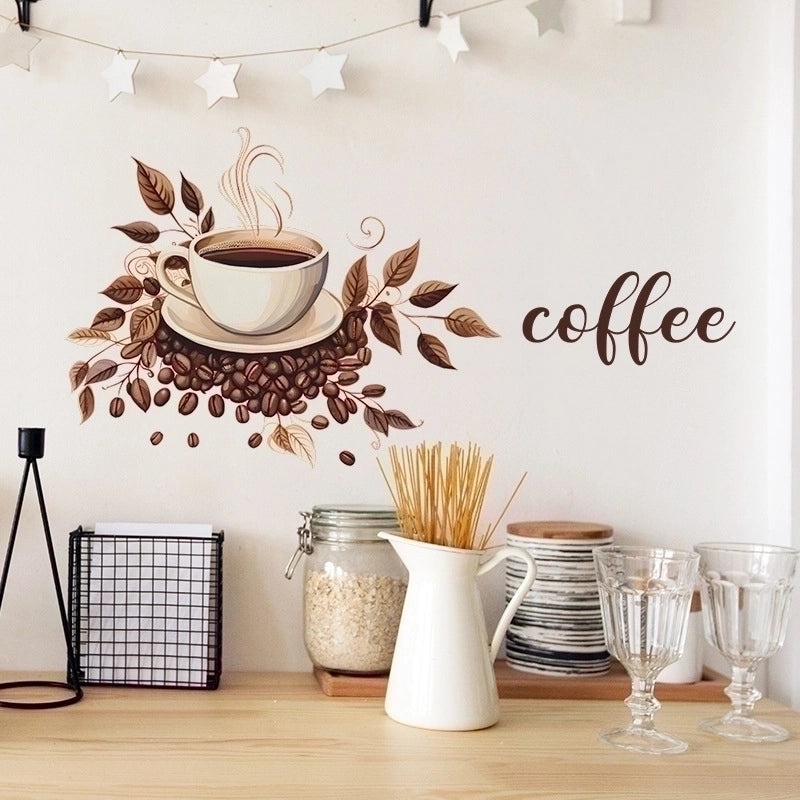 Vintage Coffee Cup Letter Leaves PVC Wall Decal | Home Decor Wall Art