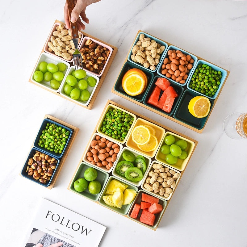 Nordic Ceramic Square Snack Bowl with Bamboo Wooden Tray | Kitchenware & Dining Accessories