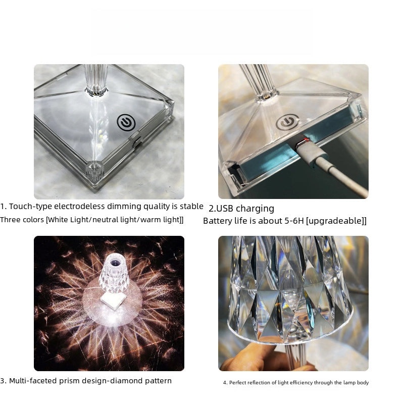 USB Crystal Diamond Table Lamp with Touch Control and USB Charging | Bedroom Nightlight & Atmosphere Lighting | Table Lamps