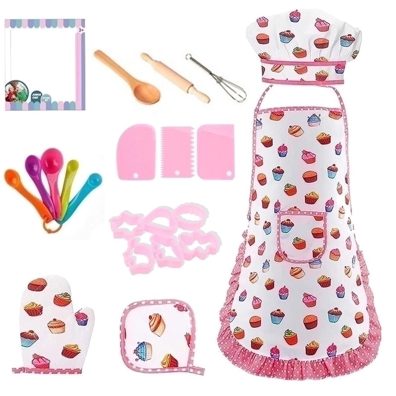 Kids Baking Apron with Cartoon Tool Set Play Kitchen Toy for Pretend Cooking|Kids & Baby > Toys > Role Play & Dress Up