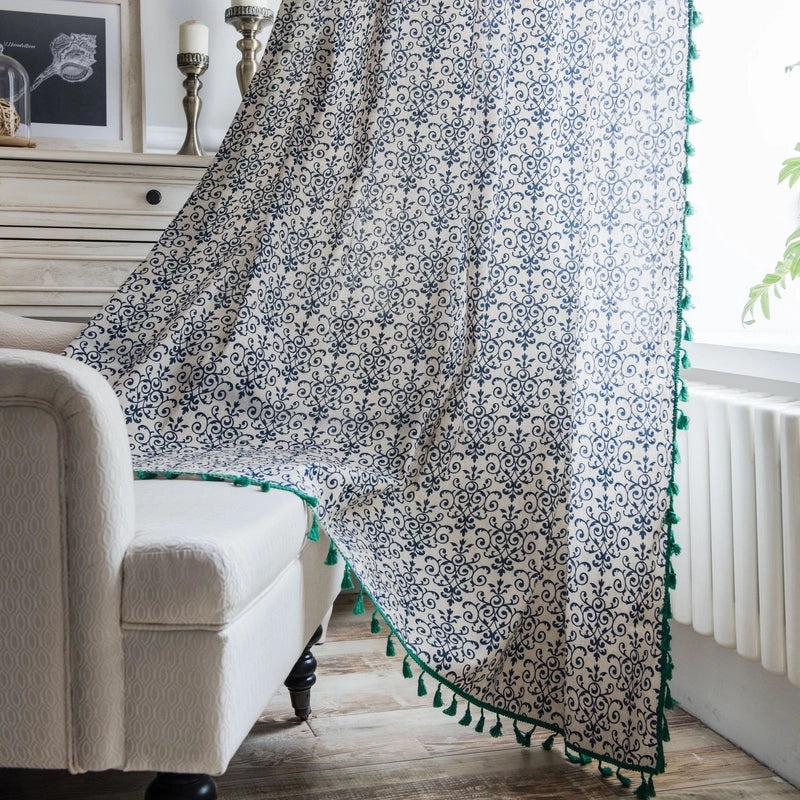 Blue and White Porcelain Print Kitchen Curtain with Green Tassel, Chinese Style Sheer Panel, No Shading|Home Decor Curtains