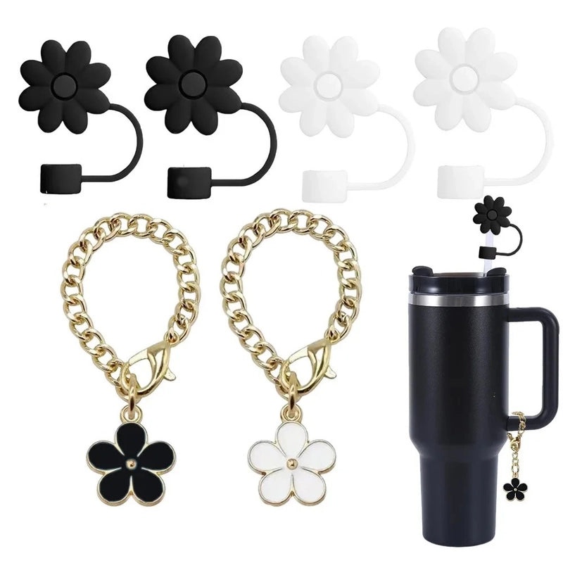 Pastoral Style Floral Metal Straw with Silica Gel Sleeve Decorative Cap Set | Kitchen & Dining Accessories