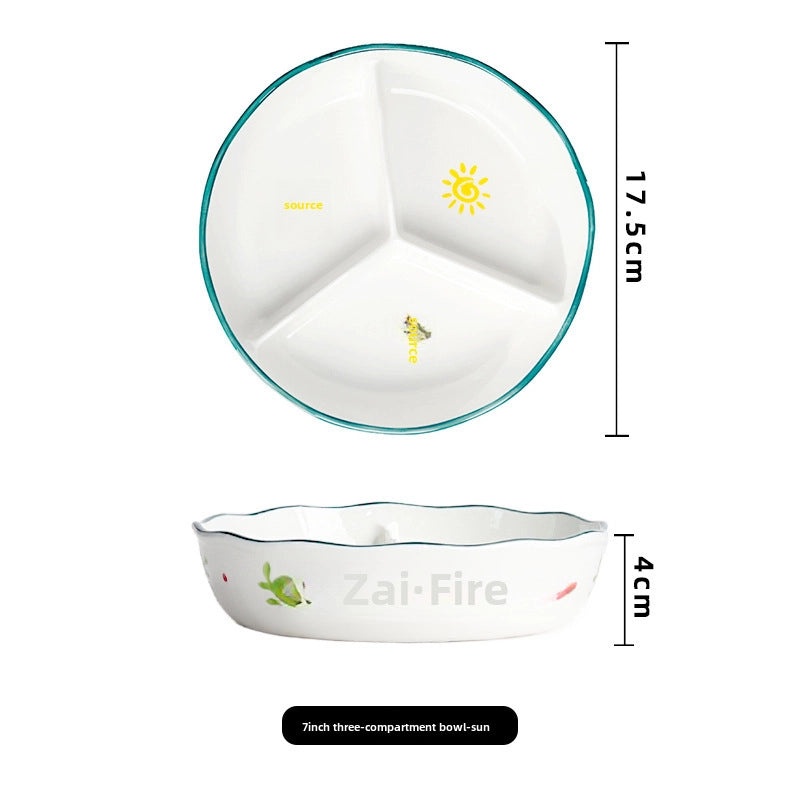 Ceramic Three-Compartment Bowl with Lid Microwave Safe Heat-Resistant Lunch Box Snack Plate|Kitchen & Dining
