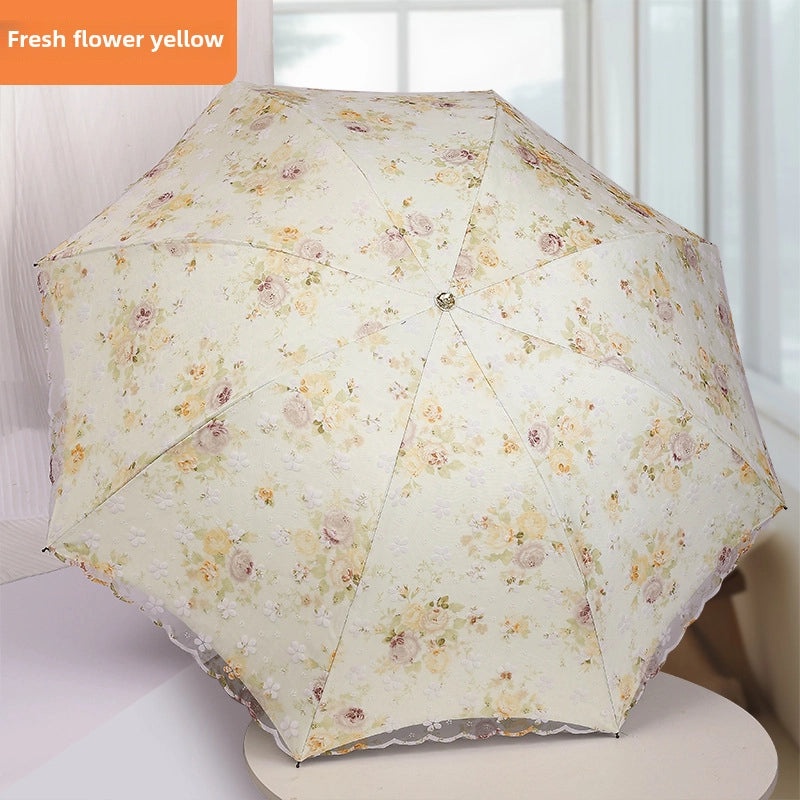 Goddess Princess Double Layer Lace Foldable Umbrella for Women | Sun & Rain Protection | Black Sunshade Umbrellas | Women's Accessories