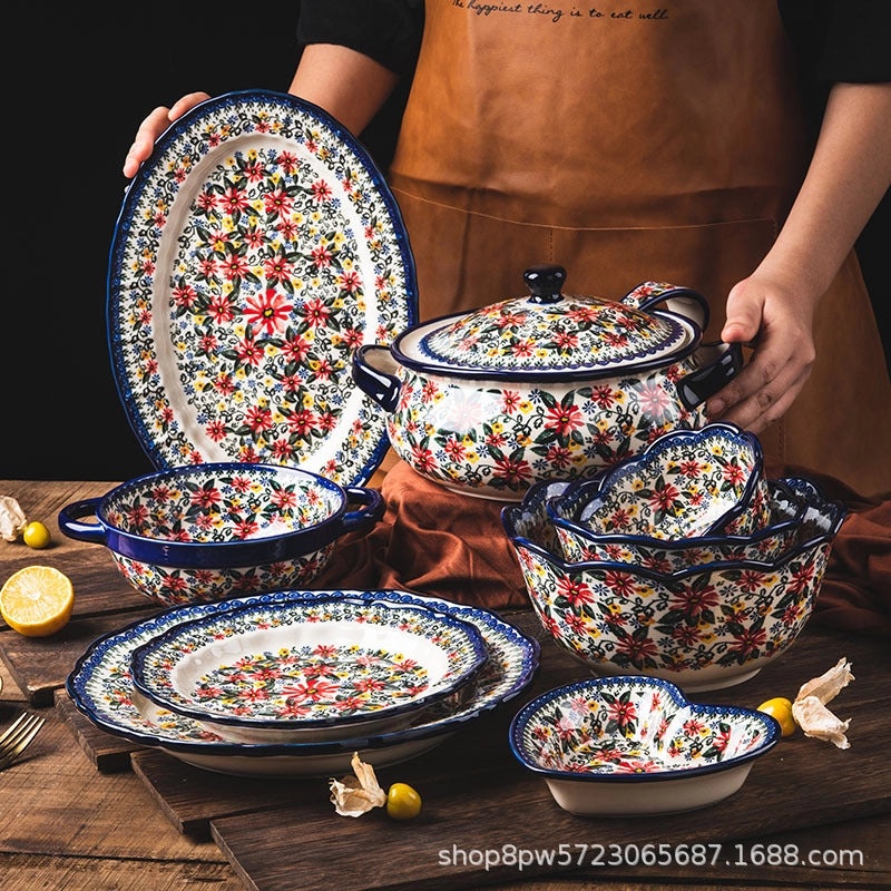 Vintage Polish Ceramic Tableware Set | Household Creative Rice, Soup, Noodle Bowls & Double Ear Plates | Kitchen Dining Dishes Set|Ceramics & Pot