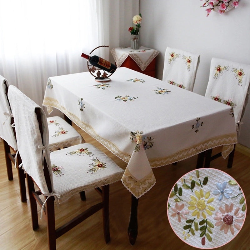 Cotton Linen Rectangular Dining Tablecloth with Ribbon Embroidery Simple Pastoral Style for Household Coffee Table|Home & Living > Kitchen & Dini