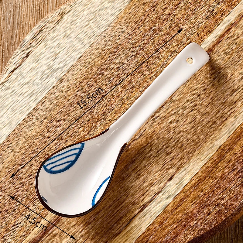 Unisex Ceramic Soup Spoon Kitchen Dining Utensil Blue White Cartoon Pattern
