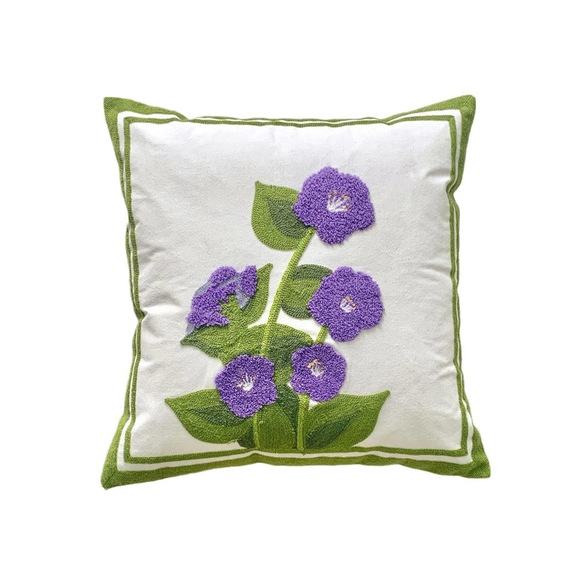 Green Botanical Tulip Embroidered Sofa Cushion Pillow for Living Room | Home Decor Cushions