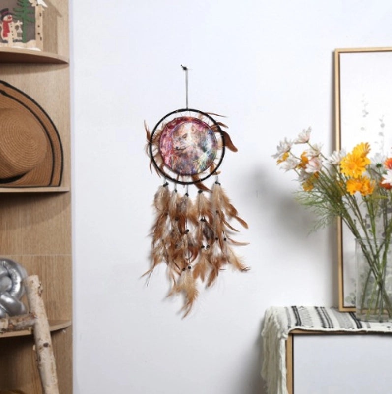 Wolf Head Dreamcatcher Oil Painting Wall Hanging with Natural Feathers | Home Decor & Wall Art