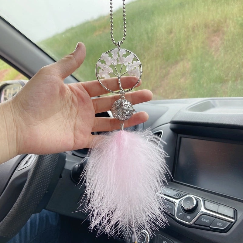 Lucky Pachira Macrocarpa Tree Car Hanging Ornament with Palace Bell and Feather Dreamcatcher|Car Accessories
