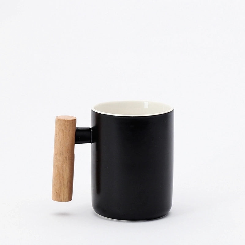 Matte Ceramic Mug with Solid Color and Wooden Handle | Home & Kitchen Drinkware