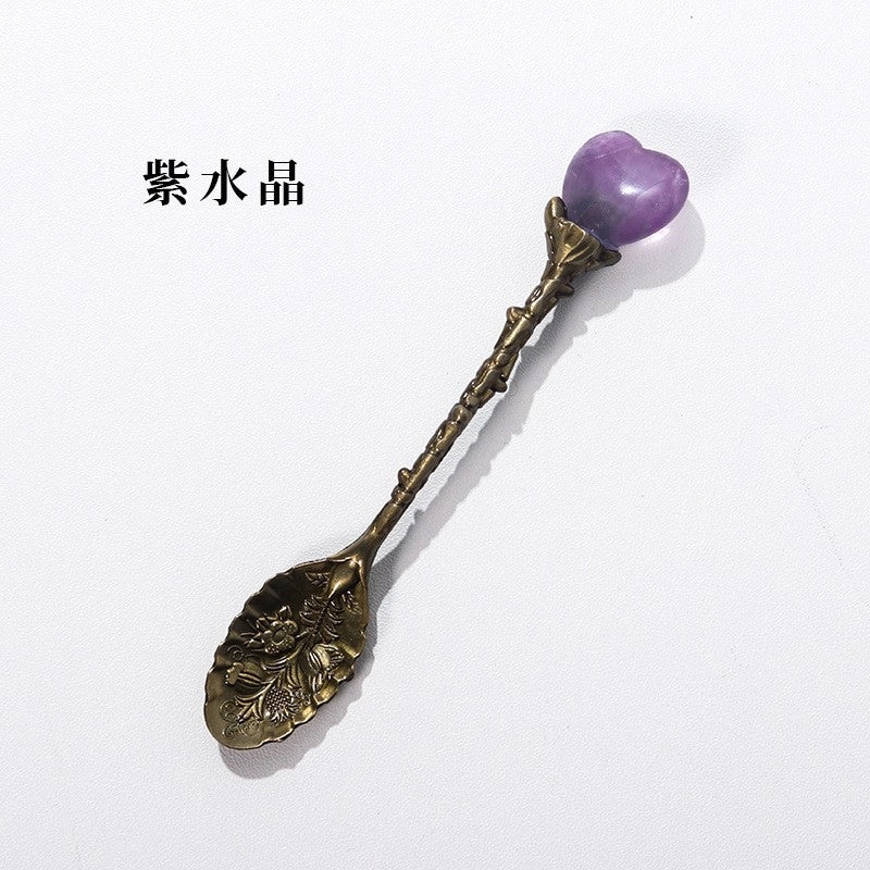 Natural Amethyst Flower Copper Spoon with Long Handle | Home Decor & Kitchen Accessories