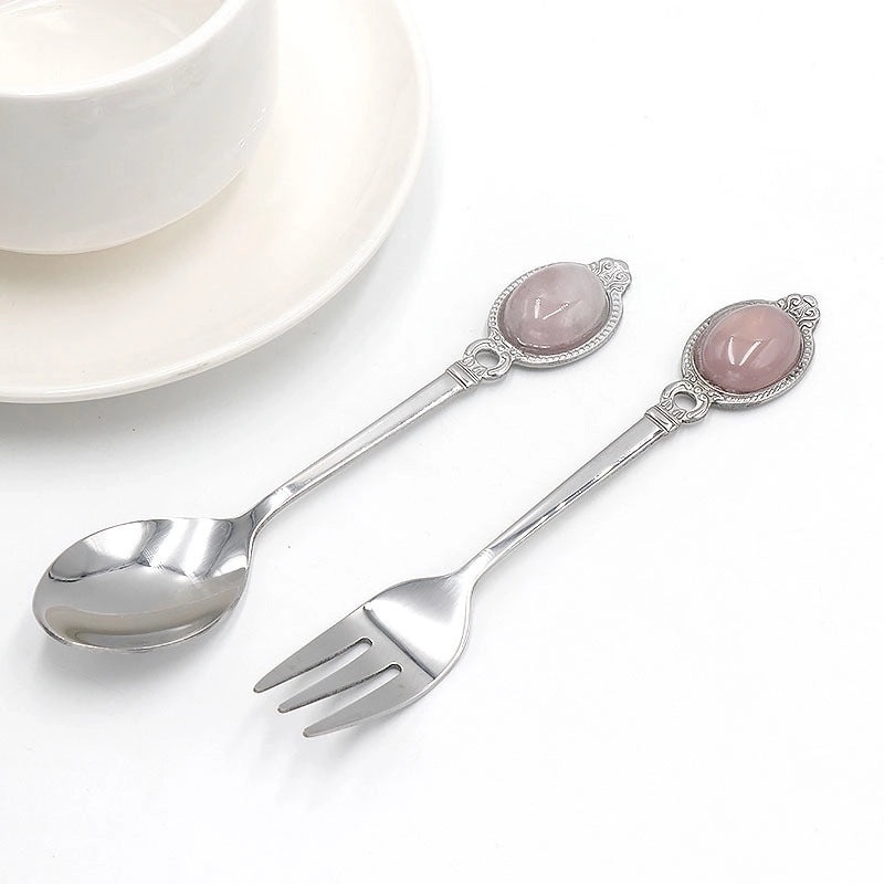 Vintage Solid Color Stainless Steel Spoon with Natural Stone Handle | Kitchen Utensils & Cutlery