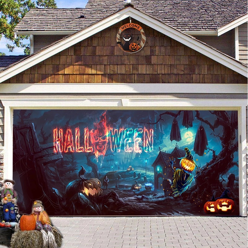Halloween Pumpkin Hanging Banner Cloth Horror Garage Door Tapestry Decoration|Home Decor