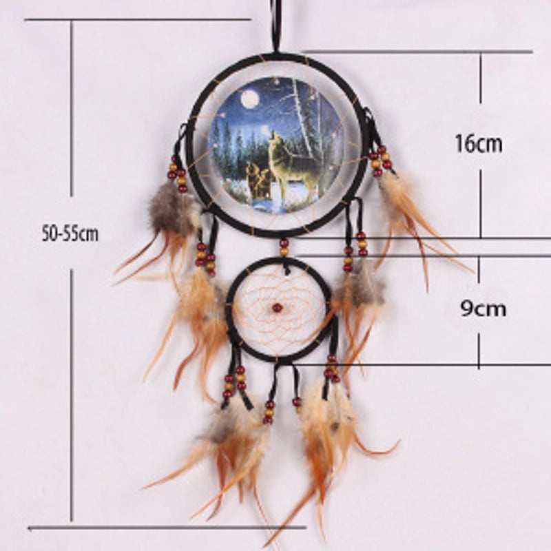 Wolf Head Dreamcatcher Oil Painting Wall Hanging with Natural Feathers | Home Decor & Wall Art