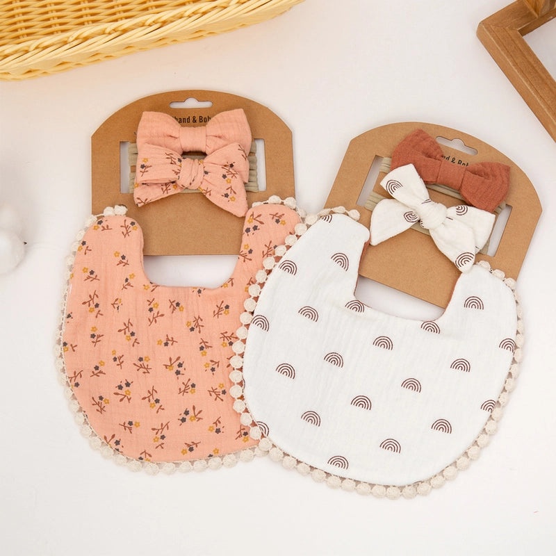 Double-layer Cotton Baby Bib with Bow Headband Set | Baby Accessories