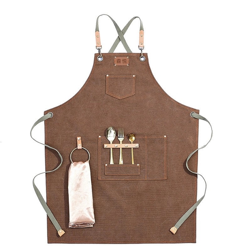 Custom Logo Brown Canvas Apron Thickened Overalls for Milk Tea Shop Barber Catering Baking | Kitchen & Dining Apparel