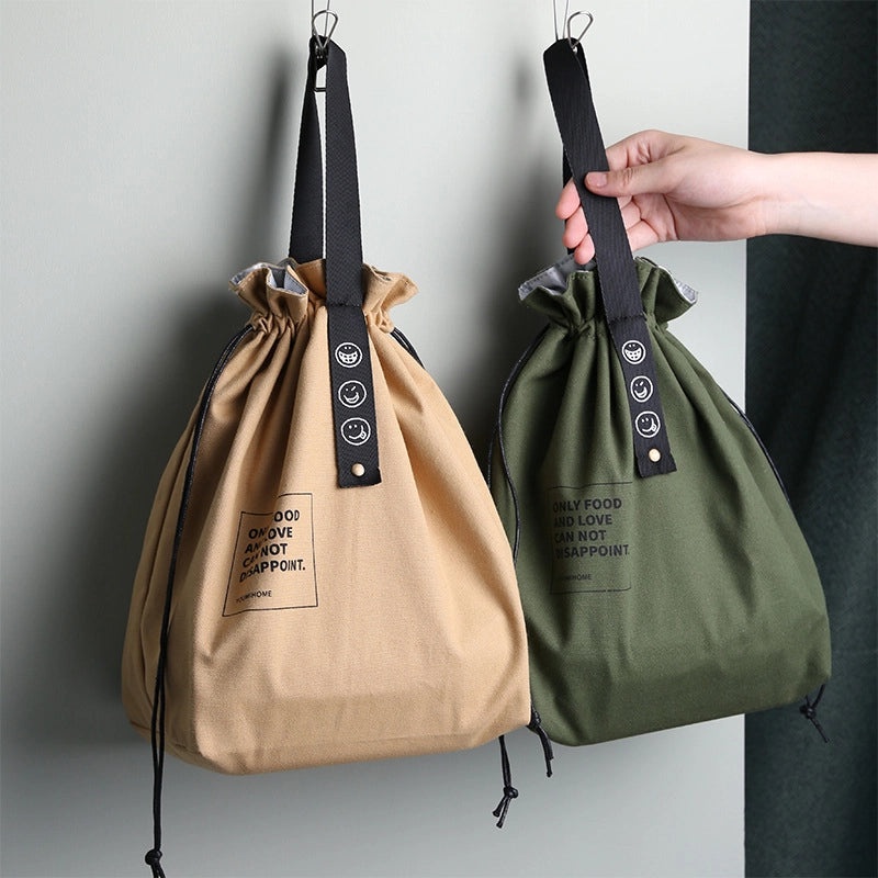 Cotton Linen Drawstring Insulation Bag Industrial Canvas Picnic Lunch Bag Japanese Style|Lunch Bags