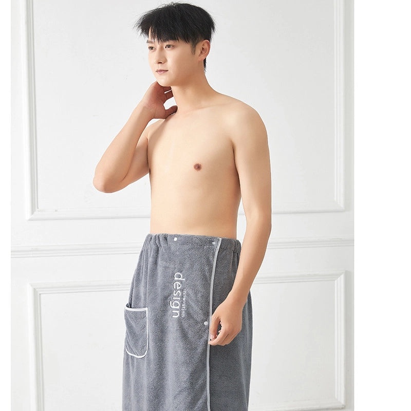 Men's Coral Fleece Bath Skirt Soft Absorbent Home Bathrobe Adjustable Waist Embroidered Towel|Men's Bathrobes & Towels