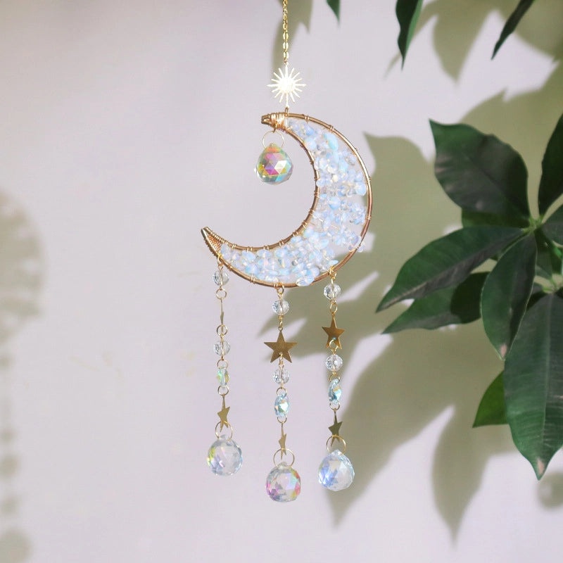 Geometric Star and Moon Crystal Metal Suncatcher Wind Chime | Home Decor & Wall Art