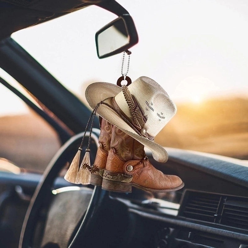 Cowboy Boot Hat Car Ornament Flat Dashboard Decor for Vehicle Interior|Car Interior Decorations