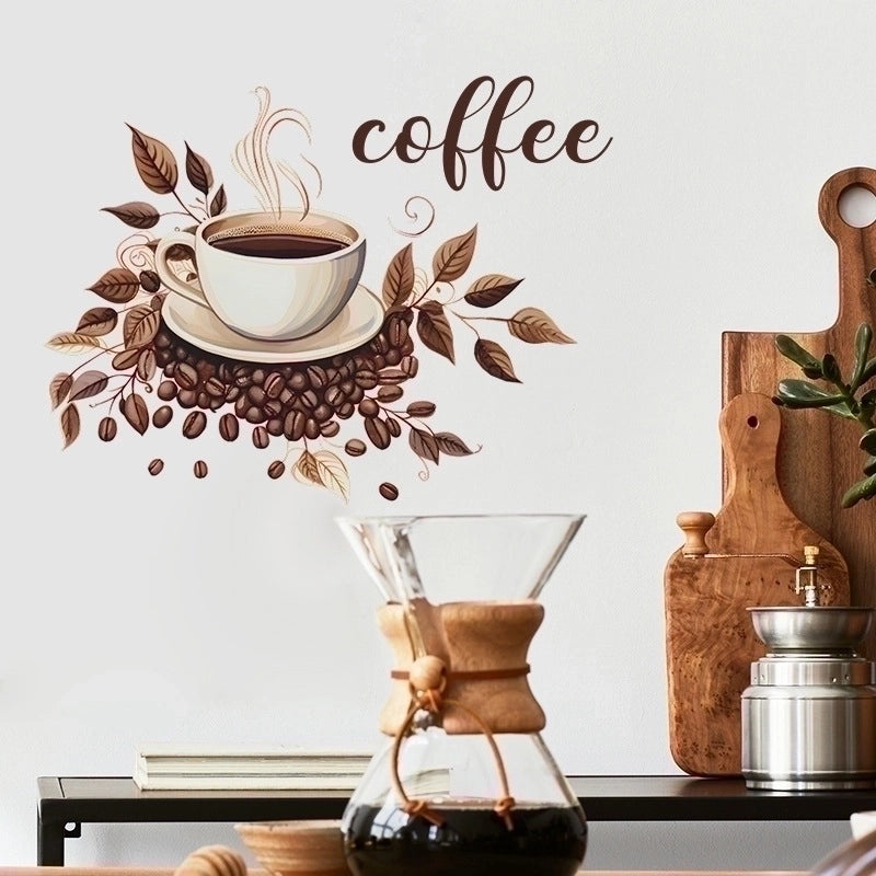 Vintage Coffee Cup Letter Leaves PVC Wall Decal | Home Decor Wall Art