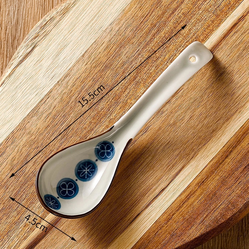 Unisex Ceramic Soup Spoon Kitchen Dining Utensil Blue White Cartoon Pattern