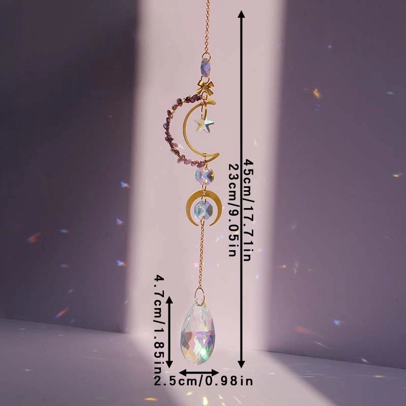 Minimalist Star and Moon Crystal Suncatcher Wind Chime with Natural Gravel Water Droplets | Home Decor