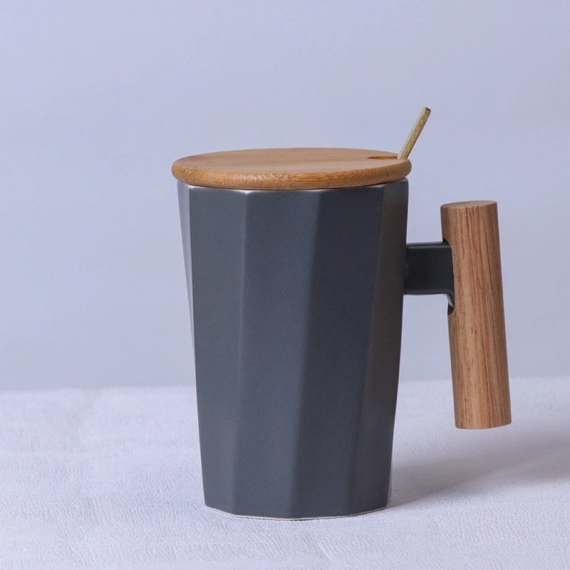 Matte Ceramic Mug with Solid Color and Wooden Handle | Home & Kitchen Drinkware