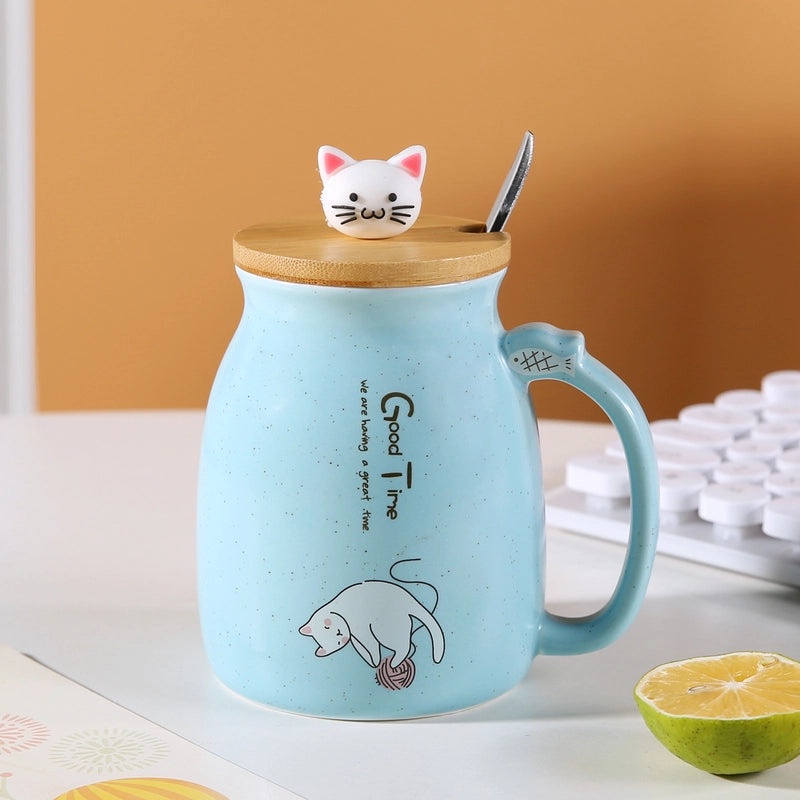 Cute Cartoon Couple Cat Ceramic Mug with Lid and Spoon | Drinkware & Mugs