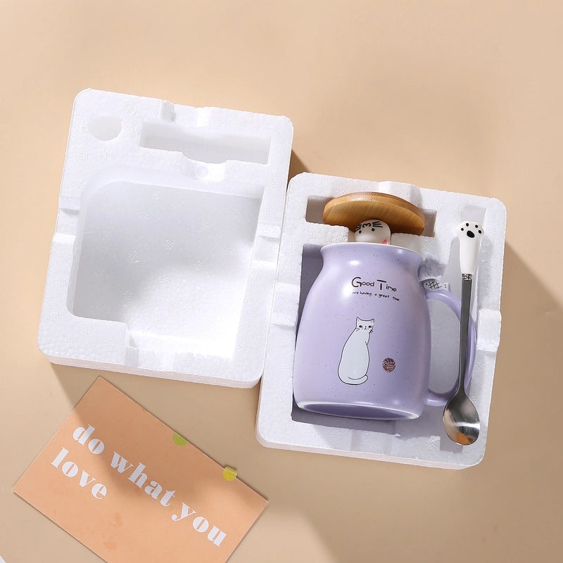 Cute Cartoon Couple Cat Ceramic Mug with Lid and Spoon | Drinkware & Mugs