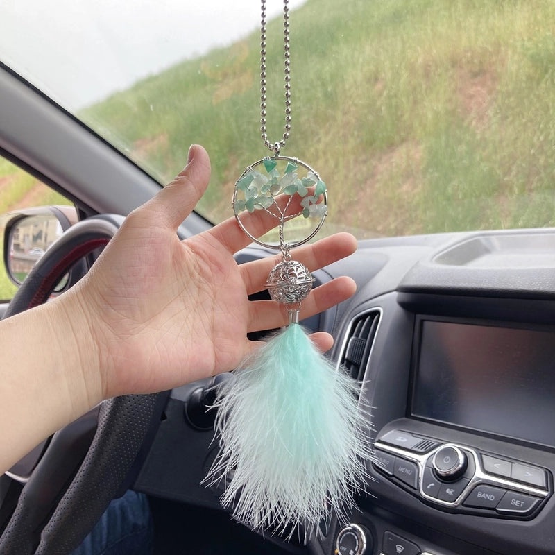 Lucky Pachira Macrocarpa Tree Car Hanging Ornament with Palace Bell and Feather Dreamcatcher|Car Accessories