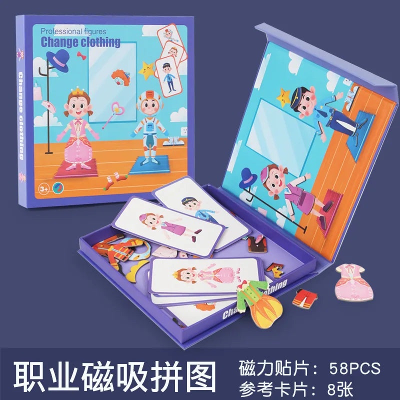 Wooden Magnetic Puzzle for Kids Ages 3-6 | Educational Toy Gift for Boys & Girls | Kindergarten Learning Magnet Set | Children's Dress-Up Toy | W