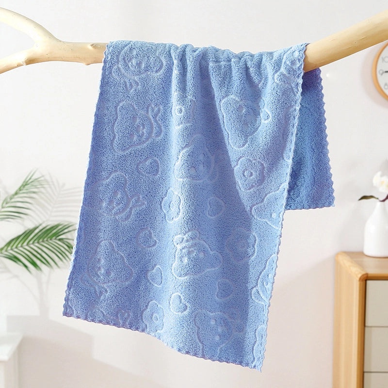 Soft Coral Fleece Embossed Bear Face Towel Quick-Dry Absorbent Cartoon Design|Home & Living Towels