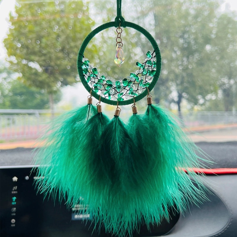 Car Rearview Mirror Hanging Dreamcatcher with Feather and Crystal Stones | Car Interior Ornaments