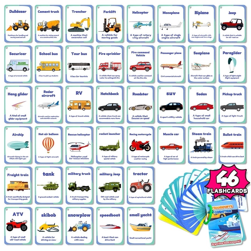 46 Engineering Vehicles Flash Cards for Kids|Early Education Educational Toys
