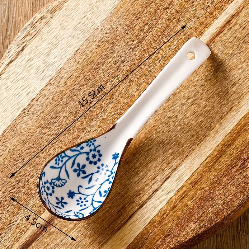 Unisex Ceramic Soup Spoon Kitchen Dining Utensil Blue White Cartoon Pattern
