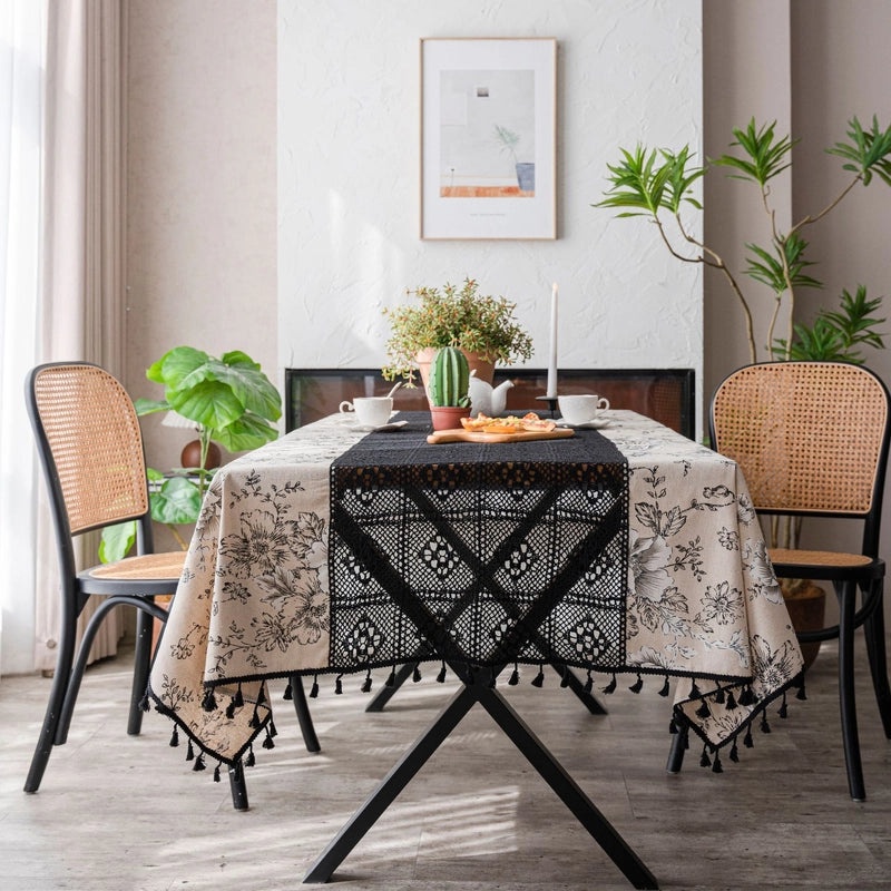 White Plain Tablecloth with Contrast Hollow Stitching Small Fresh Design | Table Linens & Fabrics