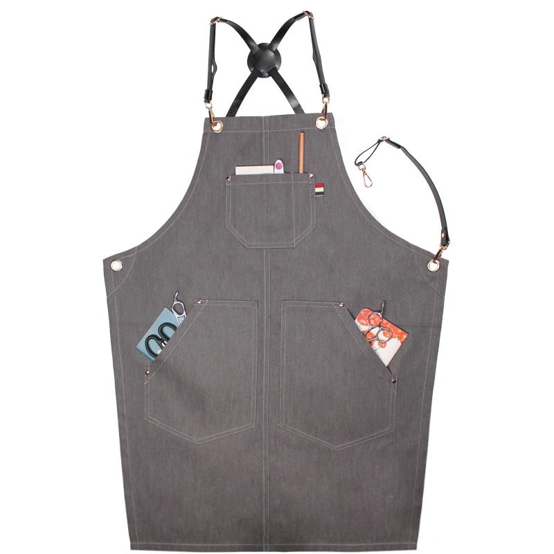 Denim Suspender Apron for Barista, Hair Stylist, Restaurant Staff, Floral Design, Unisex, Korean Style Workwear|Aprons & Workwear