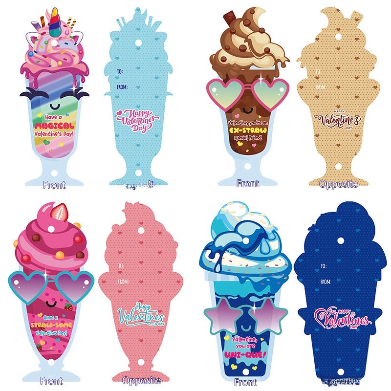 32 Pieces Valentine's Day Kids Straw Set Reusable Crazy Straws with Greeting Cards|Kids Party Supplies