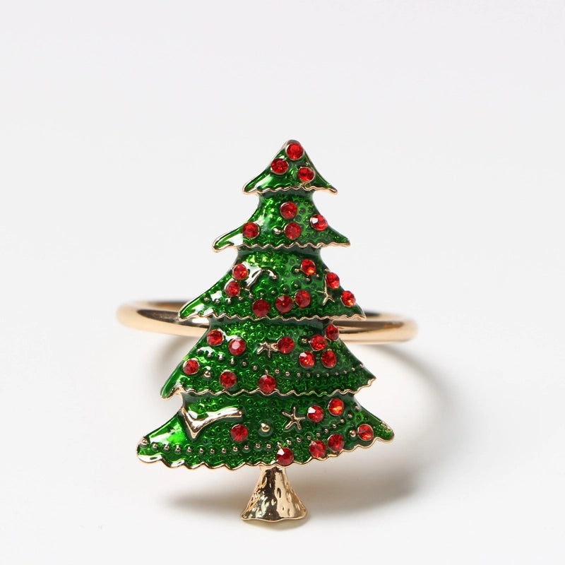 Festive Christmas Tree and Santa Claus Alloy Napkin Rings Set of 6 | Holiday Table Decor