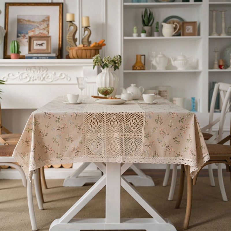 White Plain Tablecloth with Contrast Hollow Stitching Small Fresh Design | Table Linens & Fabrics