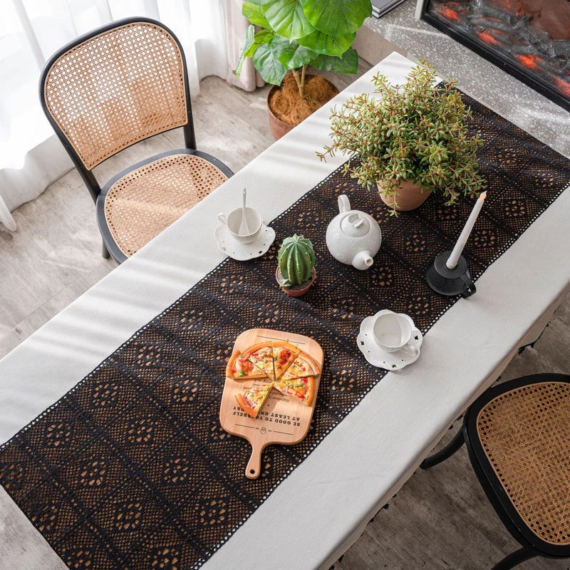 White Plain Tablecloth with Contrast Hollow Stitching Small Fresh Design | Table Linens & Fabrics